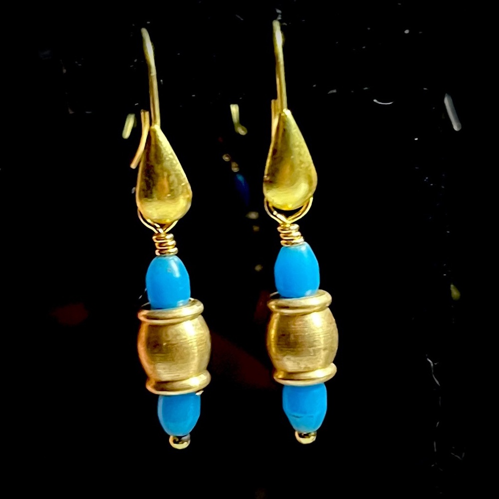 Handmade blue gold brass dangle earrings made with vintage Czech Glass beads